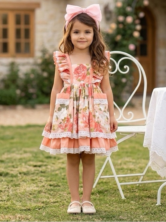 Monika studios Other - Monika Studio Girls Floral Ruffle Pinafore Dress - Peach/Coral  Floral Size 4 T